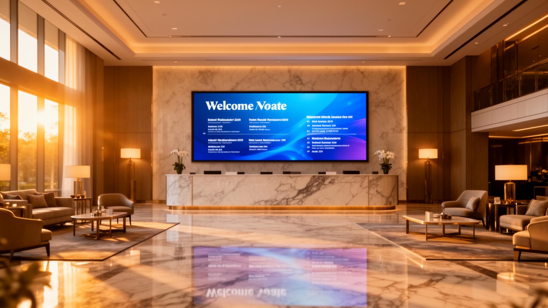 Welcome screen in a luxury hotel lobby