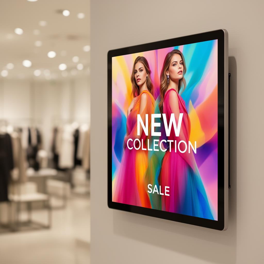 Close-up retail digital screen showing a fashion advertisement